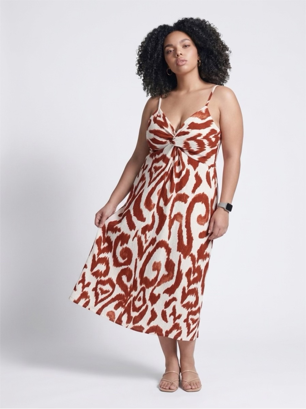 H & M Rust and white Tie-Front Midi Dress - Women